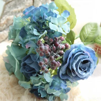 1 Kup 6pcs Umetno Cvetje Blue Rose Svile Šopek rož Za Dekoracijo Doma Hydrangea Ponaredek Cvet Z Rastlinami Berry