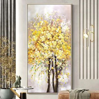 Lepo rumeno cvetje velika drevesa, pokrajino sliko za domov stenski dekor Ročno poslikane oljna slika na platnu za dnevno sobo